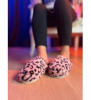 Peluş Rahat Leopar Desen Model Pofuduk Sessiz Taban Ev Terliği (Pembe)