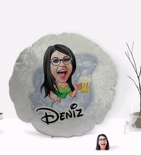 BK Gift Kişiye Özel İsimli Kadın Karikatürlü Yuvarlak Dekoratif Kırlent Yastık-30