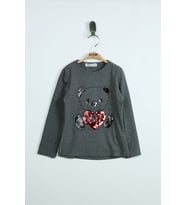 Toontoy Kız Çocuk T-Shirt Ayıcık Baskı Pul Nakış (Antrasit Melanj)