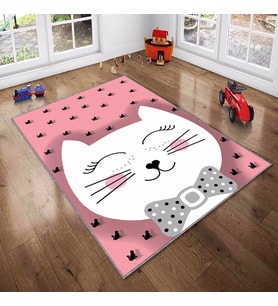 Pembe Kedi Desenli Yıkanabilir Kaymaz Taban Leke TutmazBebek ve Çocuk Odası Halısı (Beyaz)
