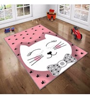 Pembe Kedi Desenli Yıkanabilir Kaymaz Taban Leke TutmazBebek ve Çocuk Odası Halısı (Beyaz)