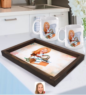 BK Gift Kişiye Özel Kadın Patron Karikatürlü Doğal Ahşap Tepsi ve 2’li Kupa Bardak Seti-6