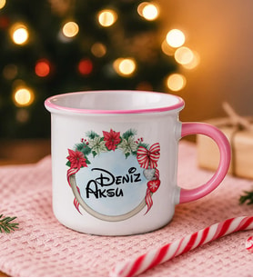 BK Gift Kişiye Özel İsimli Yılbaşı Tasarımlı Pembe Emaye Kupa Bardak -5, Arkadaşa Hediye, Yeni Yıl Hediyesi