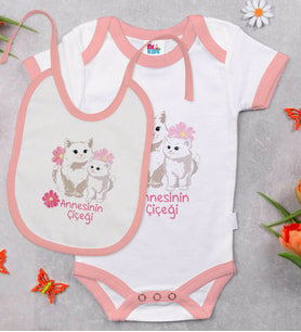 BK Kids Annesinin Çiçeği Tasarımlı Pembe Bebek Body Zıbın ve Mama Önlüğü Hediye Seti-1