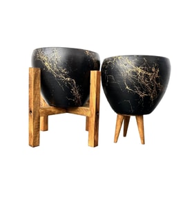 Bitki Tasarımı Siyah Üzeri Gold Mermer Efektli Toprak Saksı Saksılık Salon Çiçeklik İkili Set 3 Ayaklı- 4 Ayaklı- 15 Cm