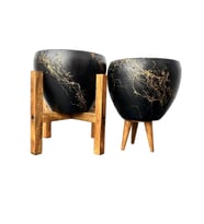 Bitki Tasarımı Siyah Üzeri Gold Mermer Efektli Toprak Saksı Saksılık Salon Çiçeklik İkili Set 3 Ayaklı- 4 Ayaklı- 15 Cm