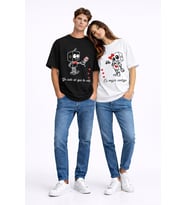 Sevgili Kombini Robot Baskılı Çift Tişört Oversize Unisex Partner Kombin Seti (Siyah - Beyaz)