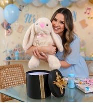 Kişiye Özel İsimli Peluş Tavşan Hediye Kutusu Doğum Günü & Yenidoğan Bebek Hediyesi Bej Tavşan Eşe Çocuk Hediyesi
