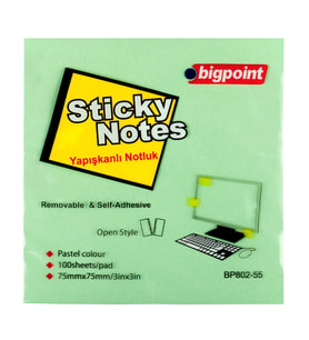 Bigpoint Yapışkanlı Not Kağıdı 75x75mm Yeşil x 12 Adet