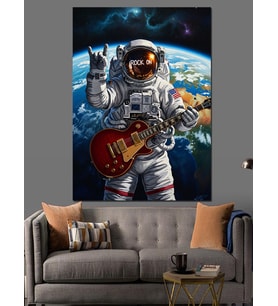 Uzayda Gitar Çalan Astronot Dekoratif Kanvas - Mdf Ahşap Tablo