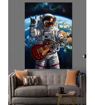 Uzayda Gitar Çalan Astronot Dekoratif Kanvas - Mdf Ahşap Tablo