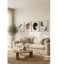 Nötr Tonlarda Modern Soyut Geometrik Formlar 4’lü Ahşap Çerçeveli Tablo Seti