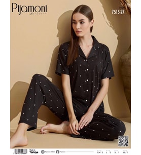 Pijamoni Kadın Kısa Kol Boydan Düğmeli Pijama Takımı - 7515-27 (Siyah)