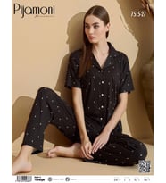 Pijamoni Kadın Kısa Kol Boydan Düğmeli Pijama Takımı - 7515-27 (Siyah)