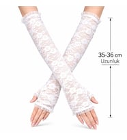 Uzun Zarif Dantel Eldiven Parmaksız Beyaz 35 Cm