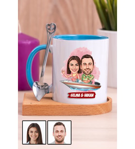 Sevgiliye Hediye Tekne Tasarım  Karikatürlü Ahşap Altlıklı Mavi Kupa Bardak
