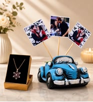 Kişiye Özel 3 Fotoğraflı Mavi Vosvos Taksi ve Kolye Sevgiliye Kadına Hediye