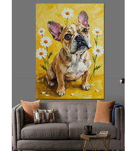 Çiçekli Fransız Bulldog Köpek Dekoratif Kanvas - Mdf Ahşap Tablo