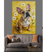 Çiçekli Fransız Bulldog Köpek Dekoratif Kanvas - Mdf Ahşap Tablo