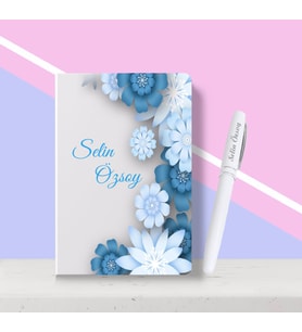 BK Gift Kişiye Özel Çiçek Desenli Beyaz Defter Kalem Seti-8