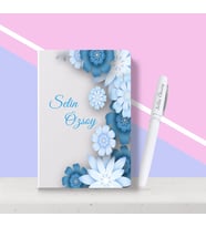 BK Gift Kişiye Özel Çiçek Desenli Beyaz Defter Kalem Seti-8