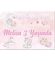 Unicornlar ve Yıldızlar Temalı Doğum Günü Afişi 35X50 cm