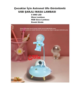 Çocuklar İçin Astronot Ufo Görünlümlü Şarjlı Masa Lambası 3 Fafklı Işık Modlu 8 Smd LED Esnek Gövde (Mavi)