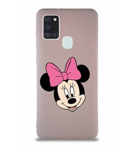 Samsung Galaxy A21S Soft Premier Kapak Minnie Mouse-C Tasarımlı Silikon Kılıf - Pudra (Şeffaf)