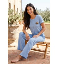 Kadın Ayıcık Desenli Bambu Viskon Kısa Kollu Soft Örme Pijama Takımı Mavi Ayıcık
