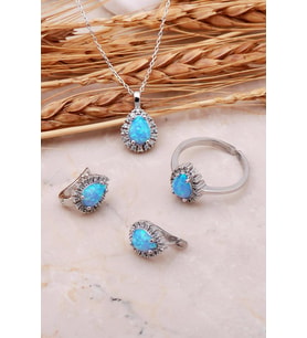 Opal Taşlı Damla Gümüş Üçlü Set 2422 (Mavi)