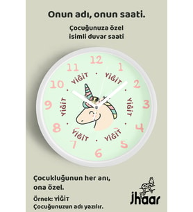 İsme Özel Unicorn Çocuk Odası Duvar Saati Orta Boy 30 cm Beyaz Camlı Sessiz