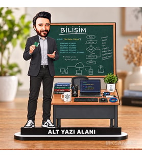 Kişiye Özel Erkek Bilişim Öğretmeni Karikatürlü 18 cm MDF Masaüstü Biblo - Öğretmen Hediyesi Öğretmene Özel Hediye