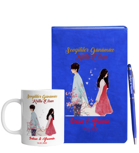 Sevgililer Gününe Özel Mavi Defter Kalem & Kupa Hediye Seti 27