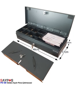 12V Flip Top Para Çekmecesi Anahtardan ve Pos Bağlantılı Üstü Açılır Metal Para Kasası 46x17x10cm