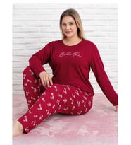 Pijamoni Kadın Milan Büyük Beden Bisiklet Yaka Uzun Kol İnce Pijama Takımı 7666/29 - 1 Adet (Kırmızı)