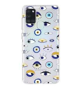 PrintiFy Samsung Galaxy A21s ile Uyumlu 1mm Slim Fit Nazar Boncuğu 2 Baskılı Şeffaf  Kılıf