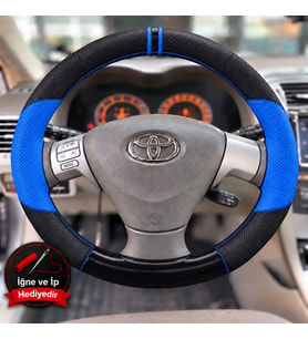 Toyota Corolla RunX Dikme Direksiyon Kılıfı Delikli Deri Parlak Siyah Mavi Detay Çift Yüzük ve Dikiş 2004-2006