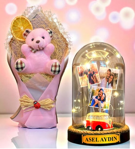 Sizlere Özel İsimli 3 Fotoğraflı Led Işıklı Fanus ve Pembe Peluş Ayıcık Buketi (Model 6)