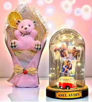 Sizlere Özel İsimli 3 Fotoğraflı Led Işıklı Fanus ve Pembe Peluş Ayıcık Buketi (Model 6)
