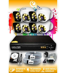 ELITCAM 8 Kameralı Kare 4 İç Kamera Set 1 TB HDD Full HD Renkli Gece Görüşlü Güvenlik Kamerası Sistemi
