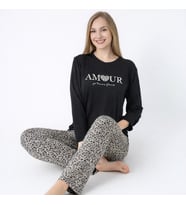 Noveya Amour Leopar Desenli Uzun Kollu Kadın Pijama Takımı – Yumuşak Dokulu Ev Giyimi (Leopar Siyah)