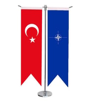 Masa Üstü Kırlangıç NATO + Türk Bayrağı + Krom T Direk Masa Bayrak Seti