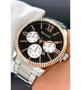 Ferrucci Takvim Özellikli Rose Gold Çelik Kasa, Gümüş Çelik Kordon Erkek Kol Saati zmfer065