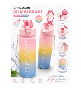 Motivasyon Su Matarası 1100 ML Zaman Çizelgeli Sızdırmaz Kilitli Taşıma İpli Spor Matara