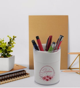 BK Gift Kişiye Özel Çiçek Tasarımlı Beyaz Akrilik Kalemlik - Model 1