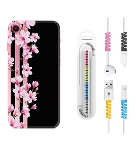 Apple iPhone 5 6 7 8 Plus Se XR Kılıf Kablo Koruma Spiral Silikon Pink Flowers 3 1393