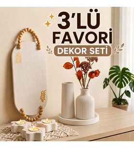 3'lü Favori Ev Dekorasyon Seti - El Yapımı Vazo Seti, Papatya Mumluk ve Boncuklu Dekoratif Tepsi - Şık Hediye Objesi