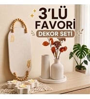 3'lü Favori Ev Dekorasyon Seti - El Yapımı Vazo Seti, Papatya Mumluk ve Boncuklu Dekoratif Tepsi - Şık Hediye Objesi
