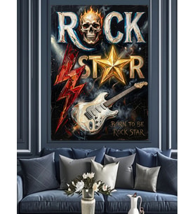 Rock Star Yazılı İskelet Ve Gitar Dekoratif Kanvas - Mdf Ahşap Tablo