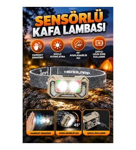 Şarjlı Sensörlü LED Kafa Lambası – 45° Ayarlanabilir Açı ve Uzun Menzilli Aydınlatma